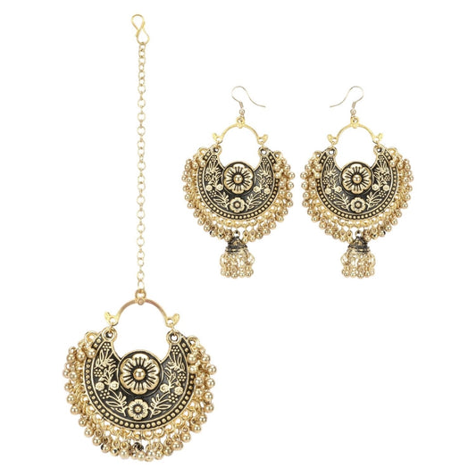 Gold Oxidized Earrings and  Maang Tikka-Black