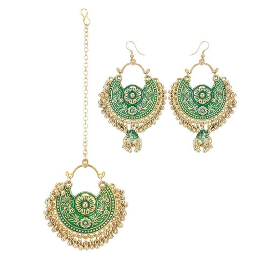 Gold Oxidized Earrings and  Maang Tikka-Green