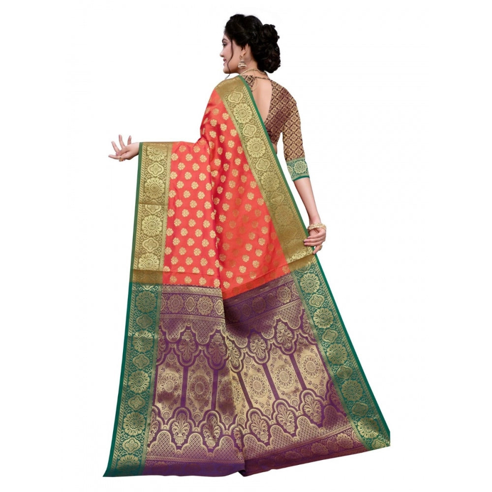 Sana Silk Jacquard Saree With Blouse (Orange, 5-6 Mtrs)