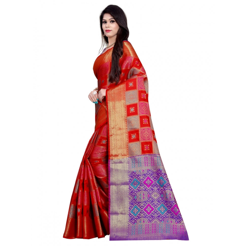 Women's Banarasi Silk Saree With Blouse (Red, 5-6 Mtrs)