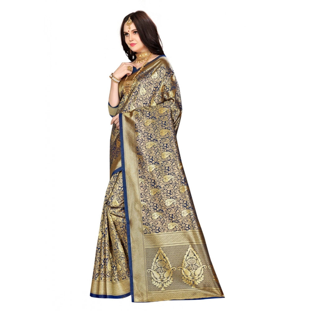 Banarasi silk Saree with Blouse (Navy blue, 5-6mtr)