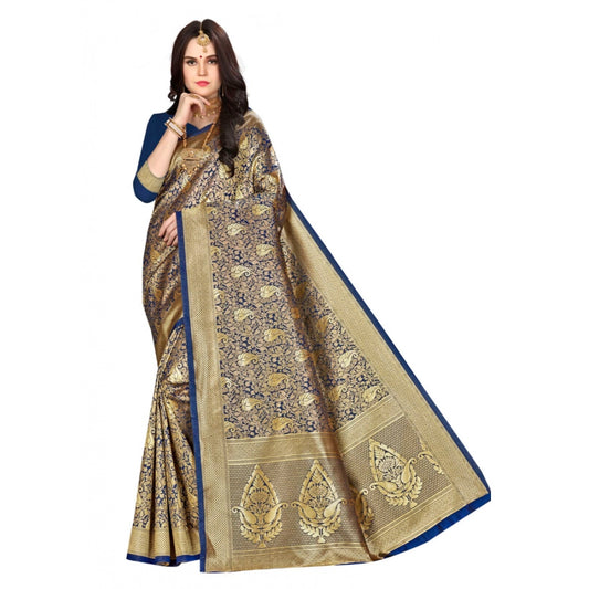 Banarasi silk Saree with Blouse (Navy blue, 5-6mtr)