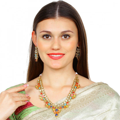 Multi Colour Gold Plated Kundan Necklace Set with Earrings