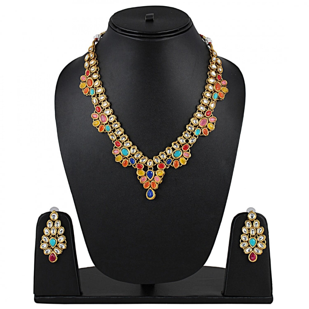 Multi Colour Gold Plated Kundan Necklace Set with Earrings