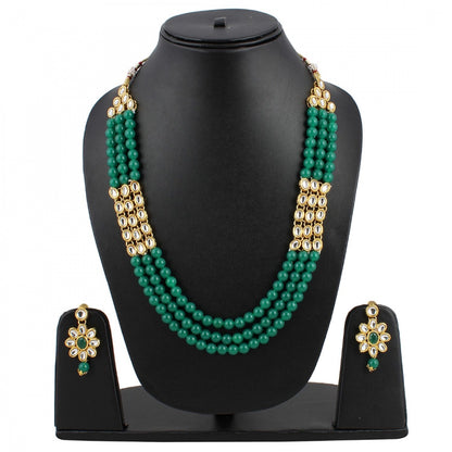 Three Layer Gold Plated Green Kundan Necklace Set with Earrings