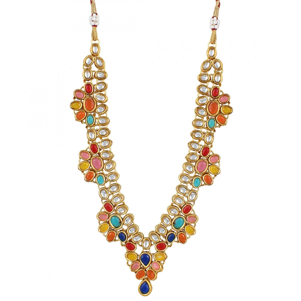 Multi Colour Gold Plated Kundan Necklace Set with Earrings