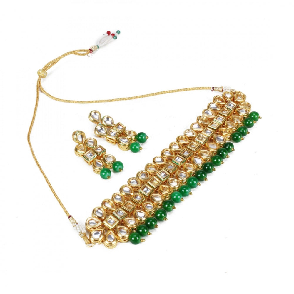 Elegant Gold Plated Bollywood Inspired Green Traditional Kundan Necklace Set