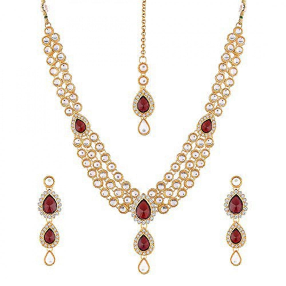 Traditional Layered Gold Plated Maroon Kundan Necklace with Earrings