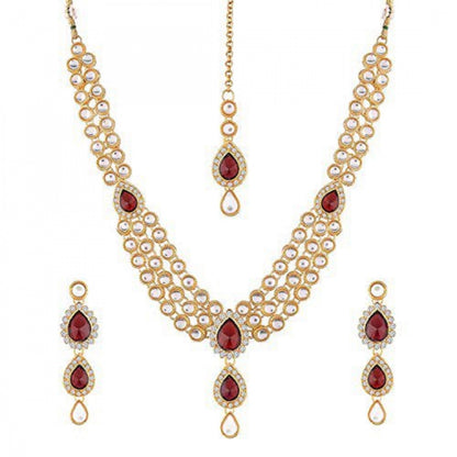 Traditional Layered Gold Plated Maroon Kundan Necklace with Earrings