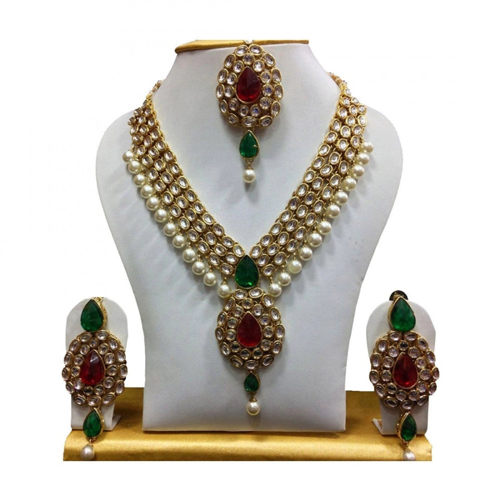 Gold Plated Kundan Pearl Party Wear Traditional Necklace Jewellery Set with Maang Tikka and Earring