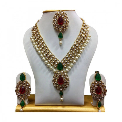 Gold Plated Kundan Pearl Party Wear Traditional Necklace Jewellery Set with Maang Tikka and Earring