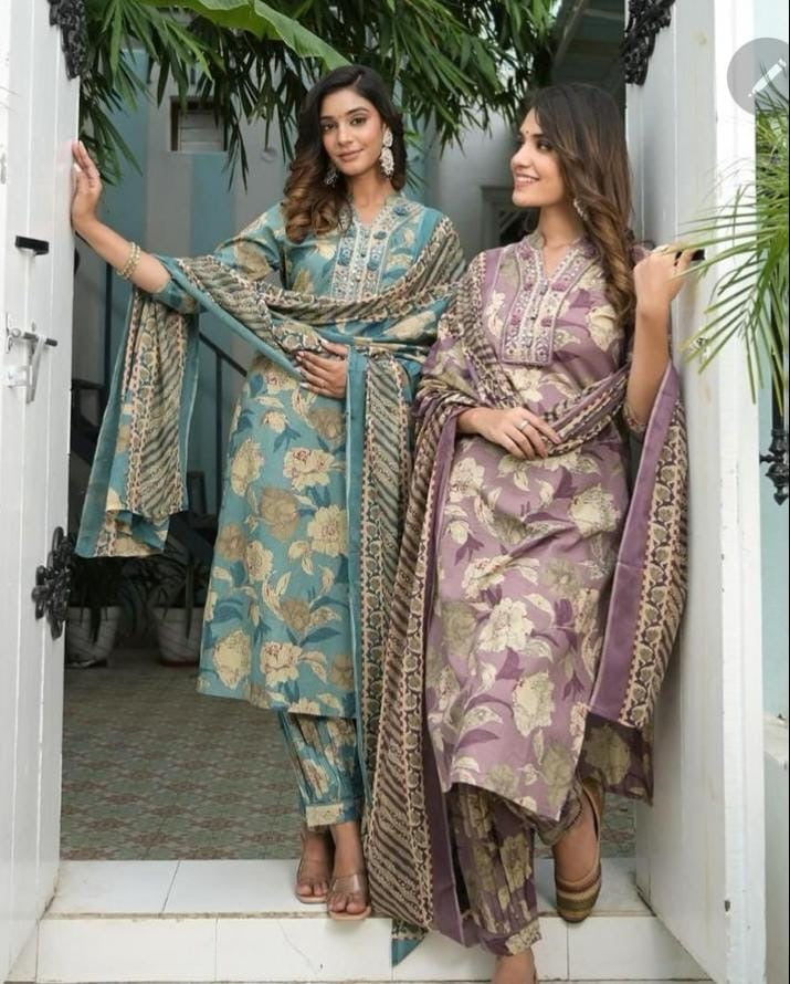 Floral Printed Mirror Embellished Straight Kurta Paired With Afghani Bottom And Printed Dupatta