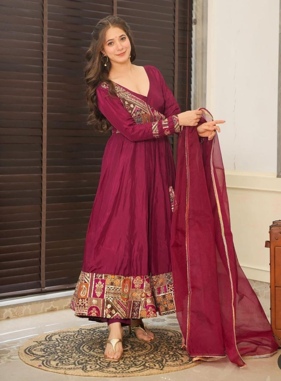 Pure Chinnon With Embroidery Sequence Work Gown & Dupatta Set