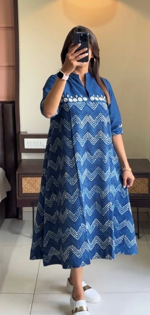 Beautiful Cotton Zig-Zag Middi Gown Dress