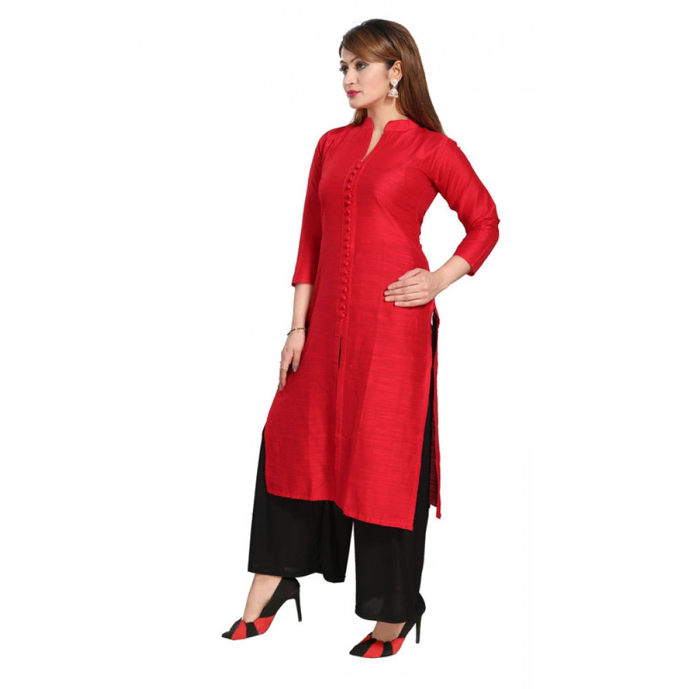 Silk Self Pattern Straight Kurti-Red