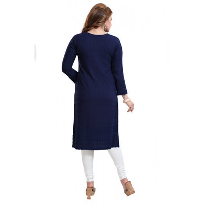 Rayon Embroidered Straight Kurti-Navy Blue