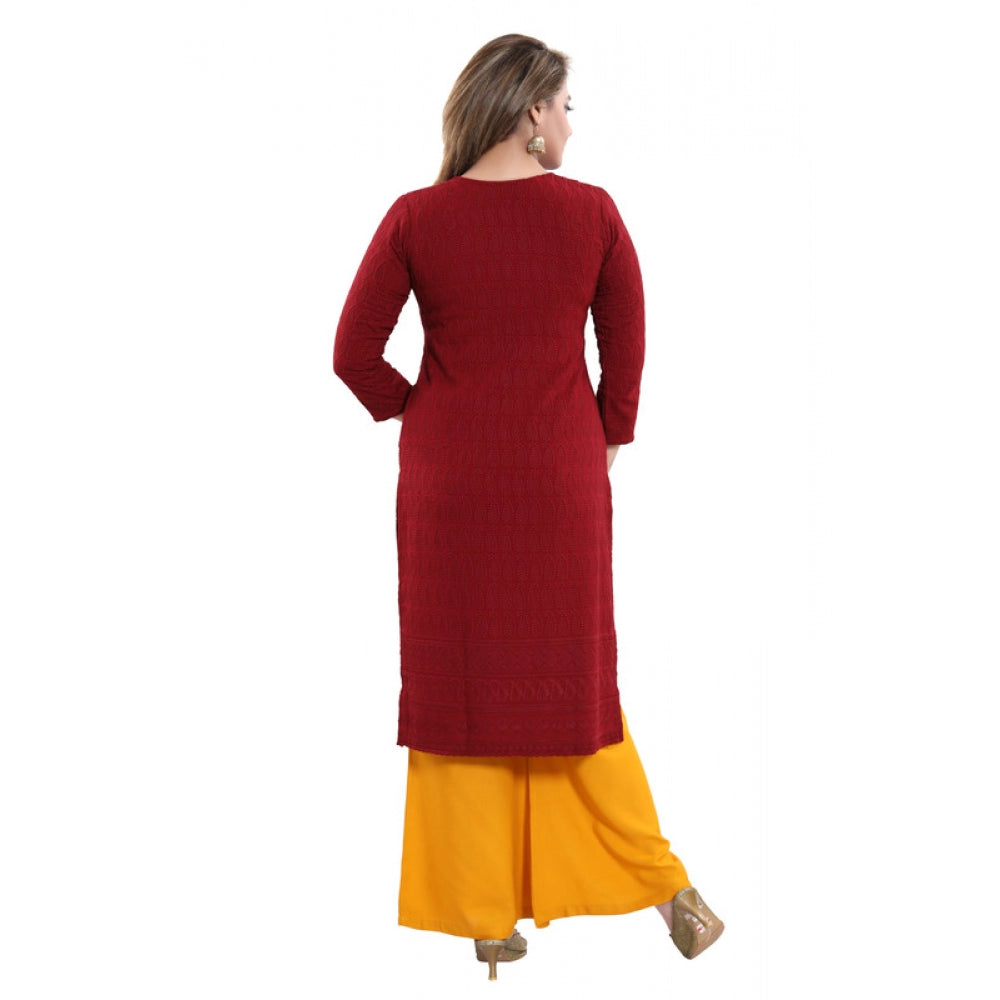 Rayon Embroidered Straight Kurti-Maroon