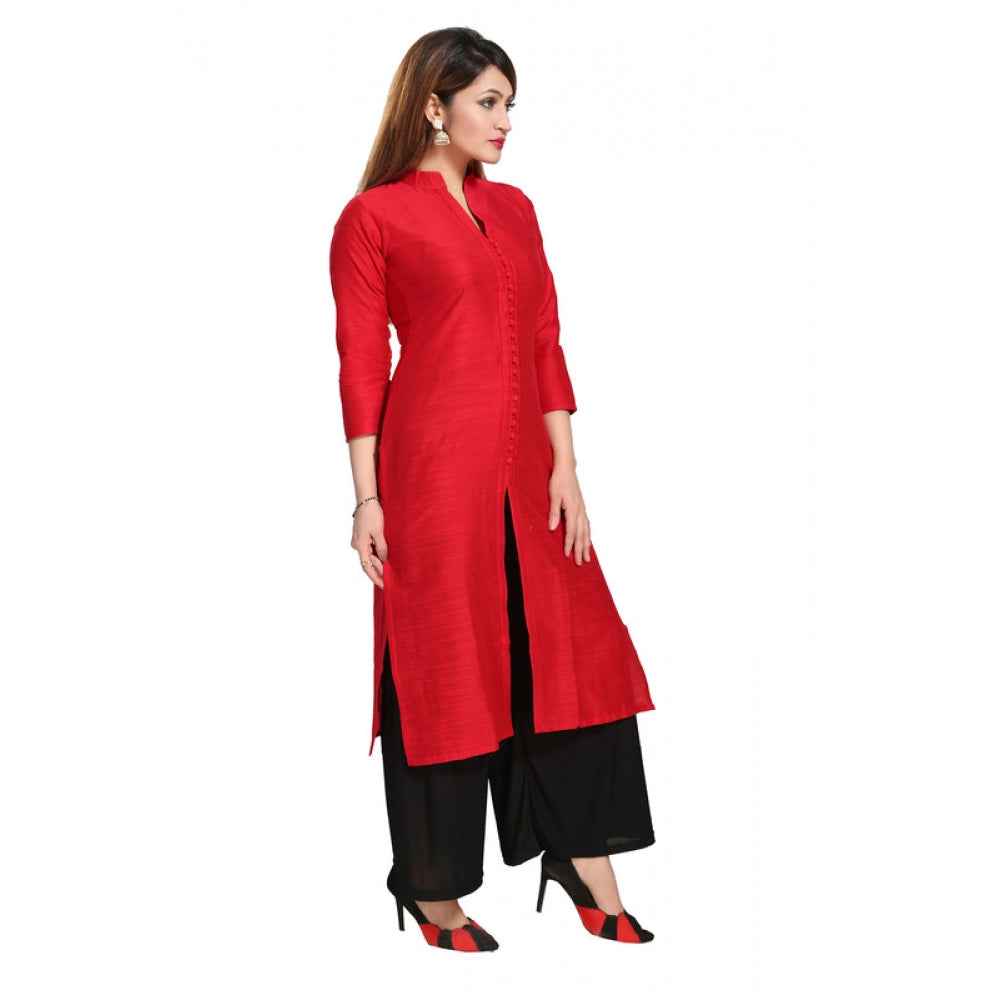 Silk Self Pattern Straight Kurti-Red