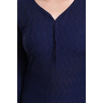 Rayon Embroidered Straight Kurti-Navy Blue