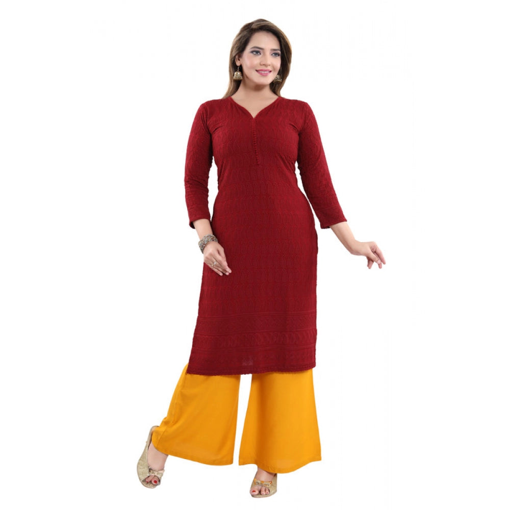 Rayon Embroidered Straight Kurti-Maroon