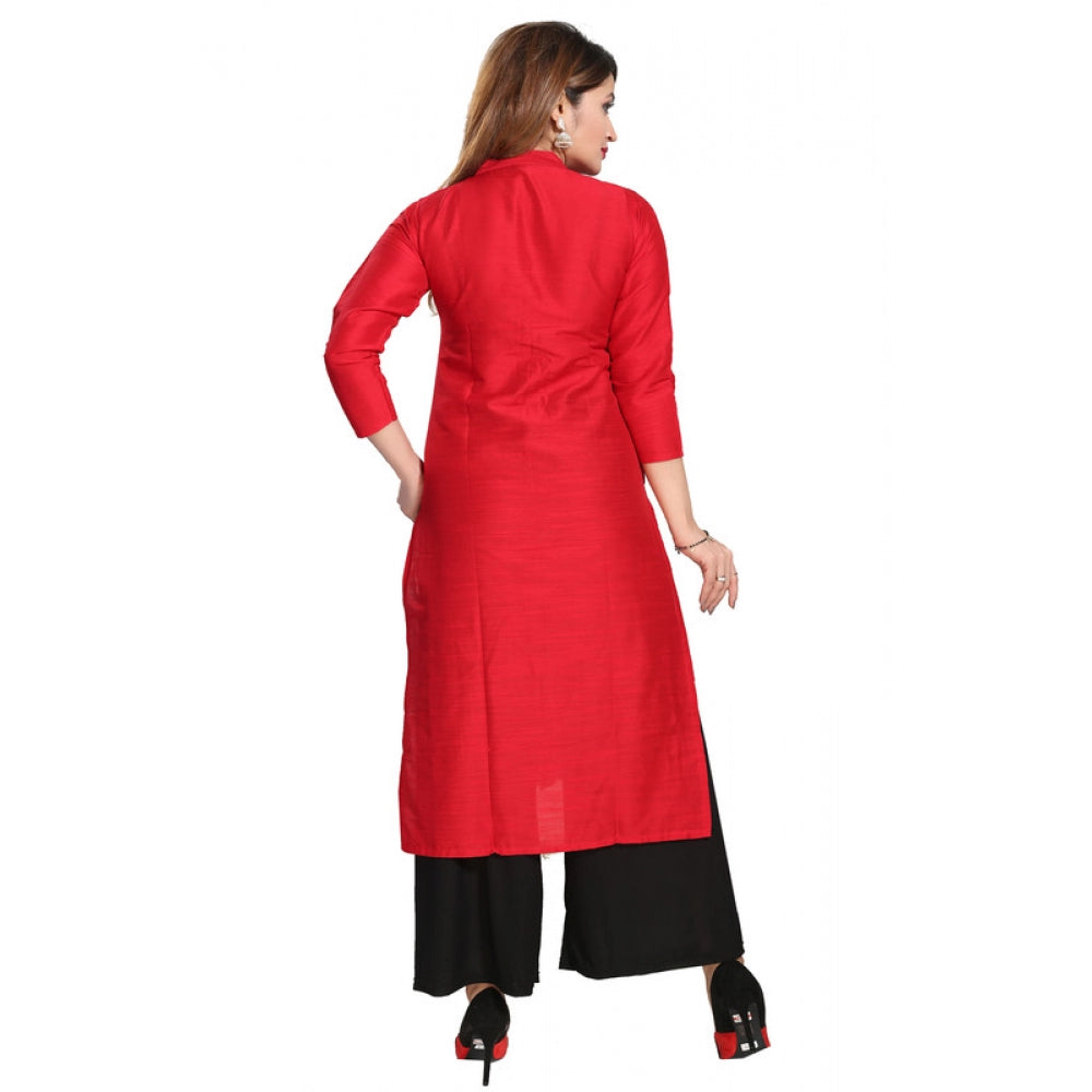 Silk Self Pattern Straight Kurti-Red