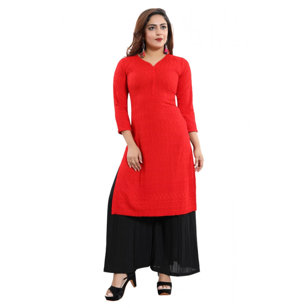 Rayon Embroidered Straight Kurti-Red