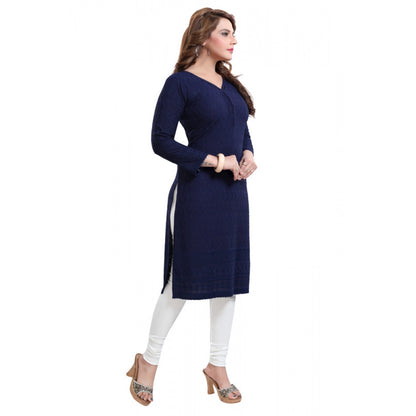 Rayon Embroidered Straight Kurti-Navy Blue