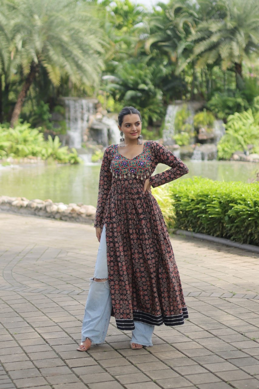 Designer Printed Kurti Made from Heavy Printed Cotton with Kutchi Gamthi Lace and Kodi Work