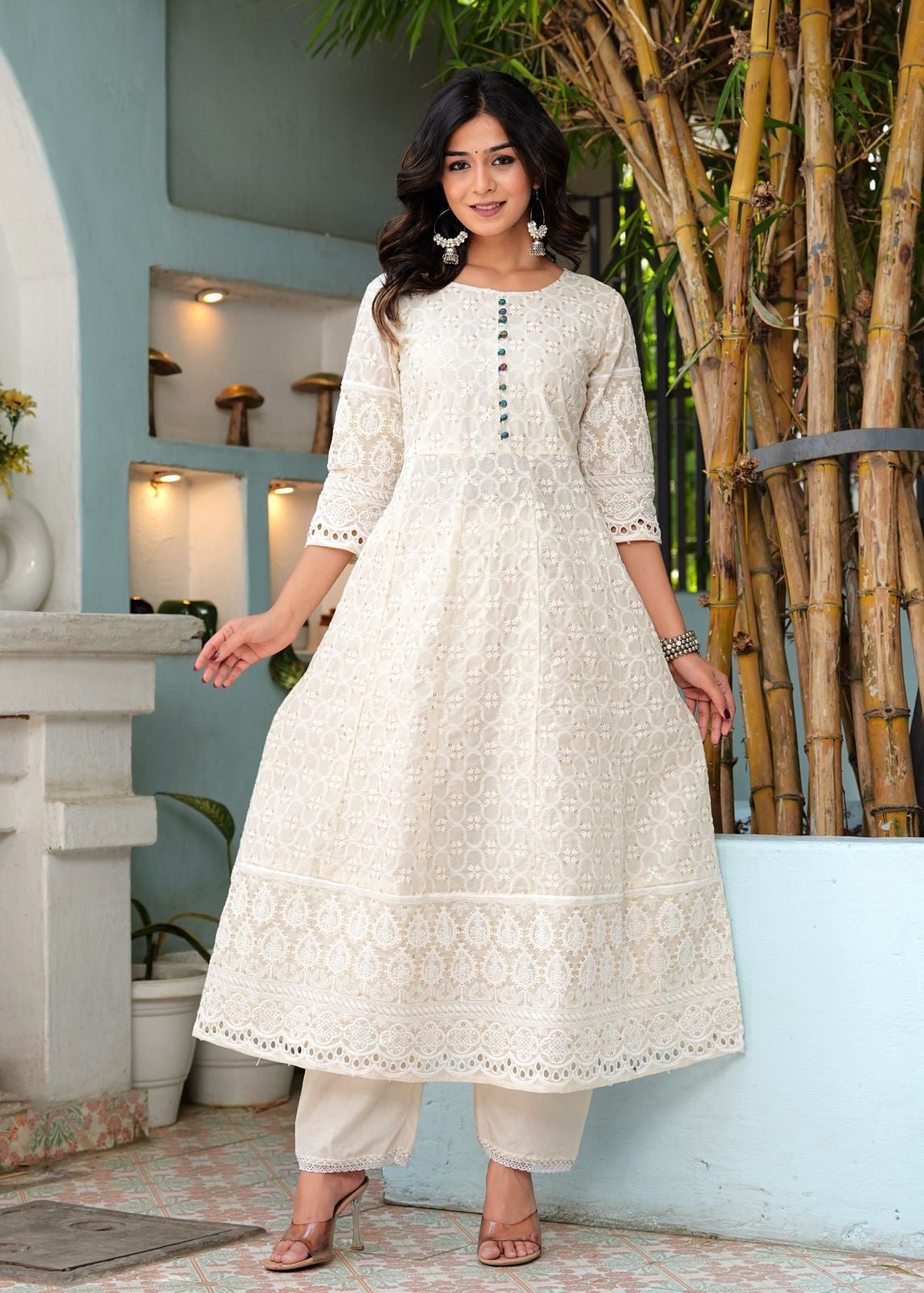 Pure Chikankari Anarkali Kurti With Pant & Silk Chanderi Digital Print Dupatta Set