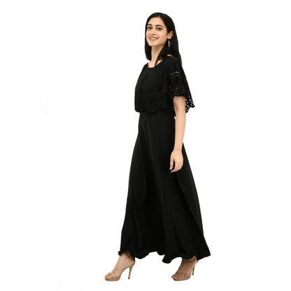 Crepe Solid Sleeveless Full Length Gown(Black)