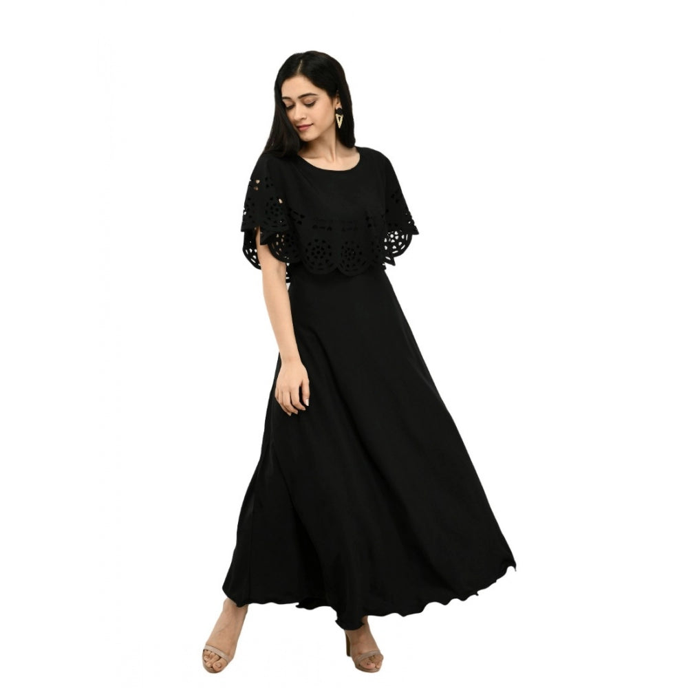 Crepe Solid Sleeveless Full Length Gown(Black)