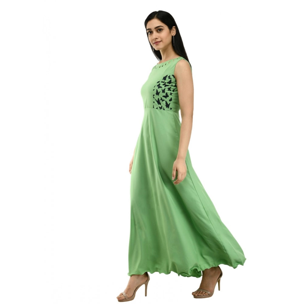 Crepe Solid Sleeveless Full Length Gown(Green)