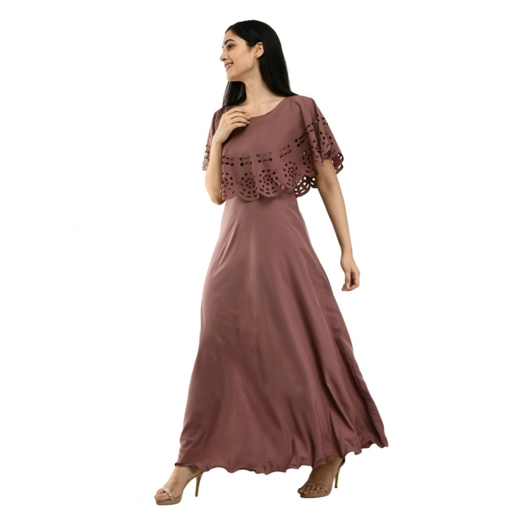 Crepe Solid Sleeveless Full Length Gown(Brown)