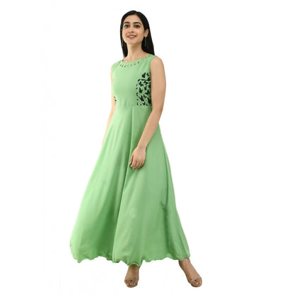 Crepe Solid Sleeveless Full Length Gown(Green)