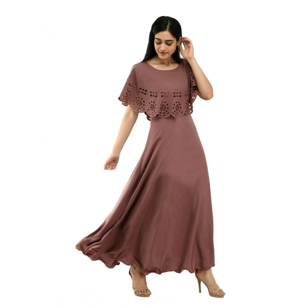 Crepe Solid Sleeveless Full Length Gown(Brown)