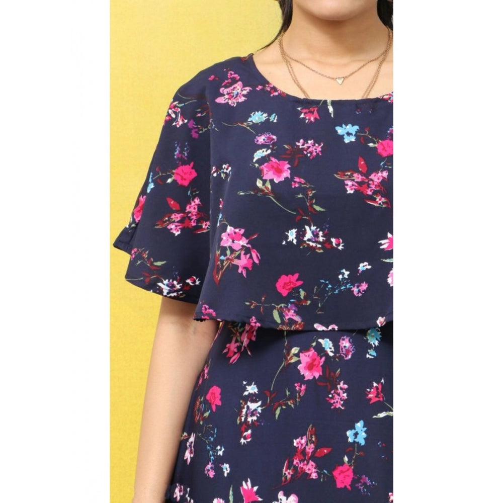 Crepe Floral Half Sleeves Full Length Gown(Dark Blue)