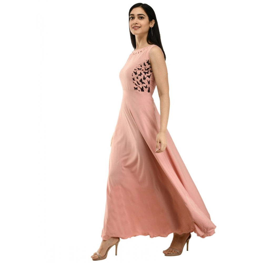 Crepe Solid Sleeveless Full Length Gown(Light Peach)