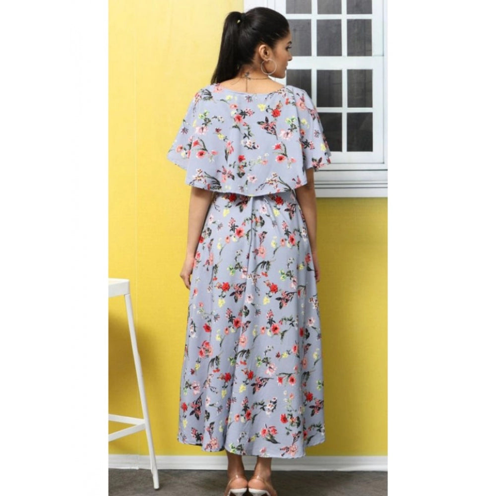 Crepe Floral Half Sleeves Full Length Gown(Light Grey)