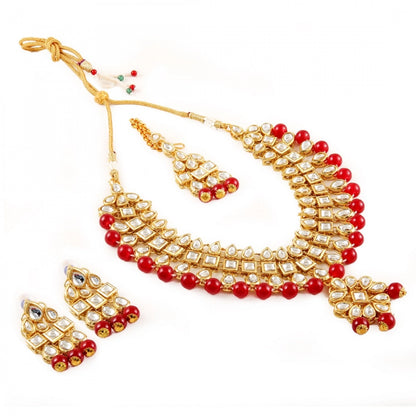 Maroon Beads Gold Plated Kundan Necklace Set For Women