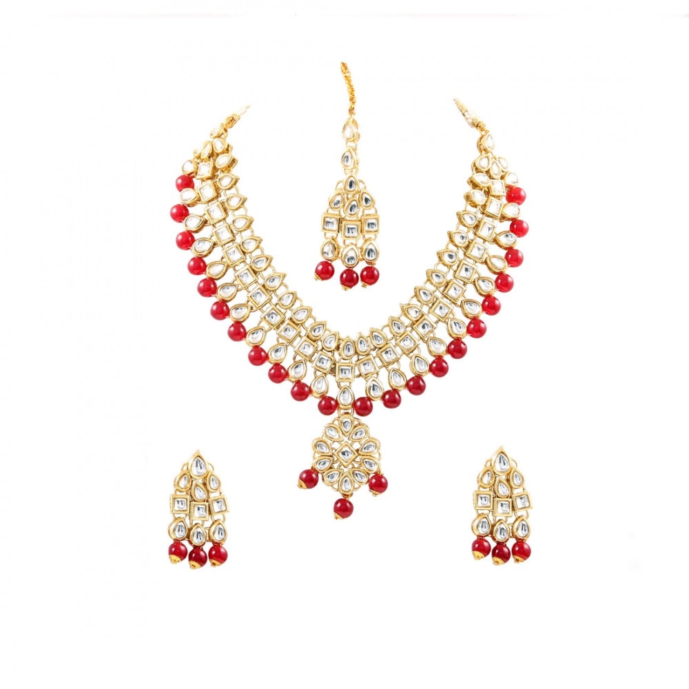 Maroon Beads Gold Plated Kundan Necklace Set For Women