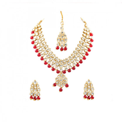 Maroon Beads Gold Plated Kundan Necklace Set For Women