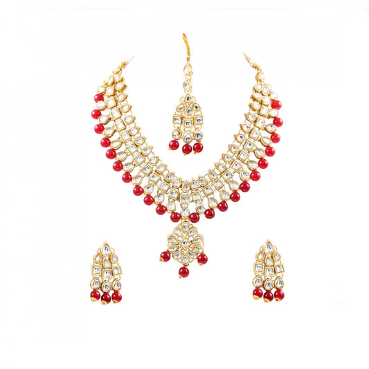 Maroon Beads Gold Plated Kundan Necklace Set For Women