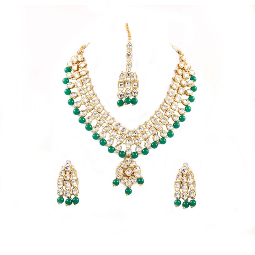 Green Beads Gold Plated Kundan Necklace Set For Women