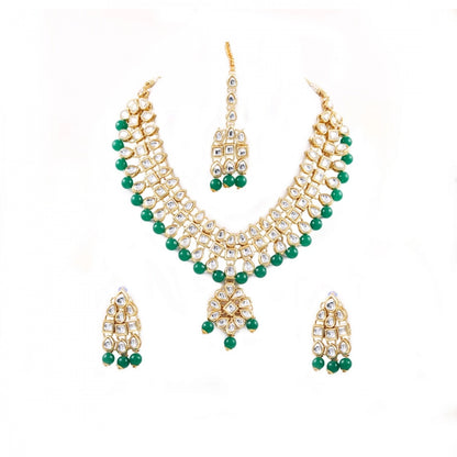 Green Beads Gold Plated Kundan Necklace Set For Women