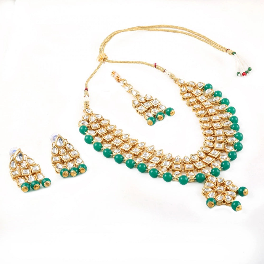 Green Beads Gold Plated Kundan Necklace Set For Women