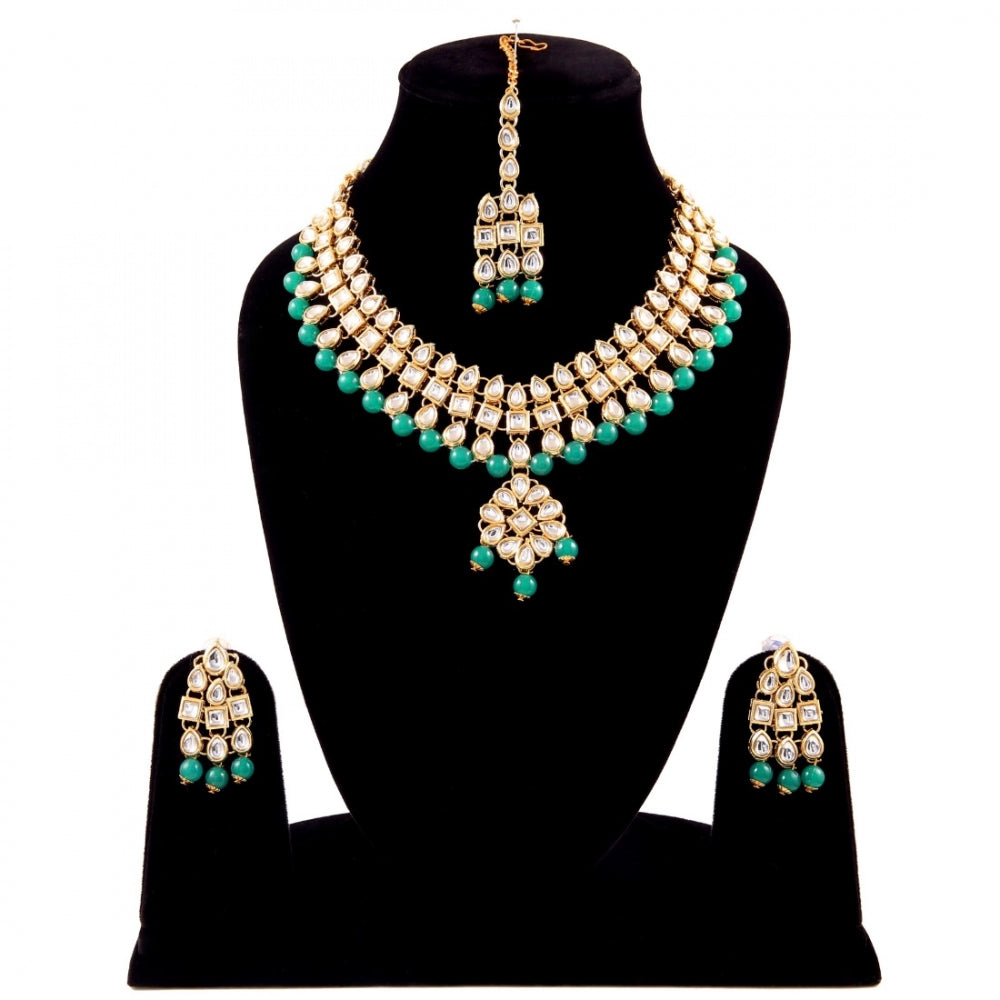 Green Beads Gold Plated Kundan Necklace Set For Women