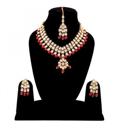 Maroon Beads Gold Plated Kundan Necklace Set For Women