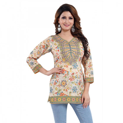 Quarter Sleeve Faux Crepe Printed Short Kurti Tunic Top (Color:Multicolor)