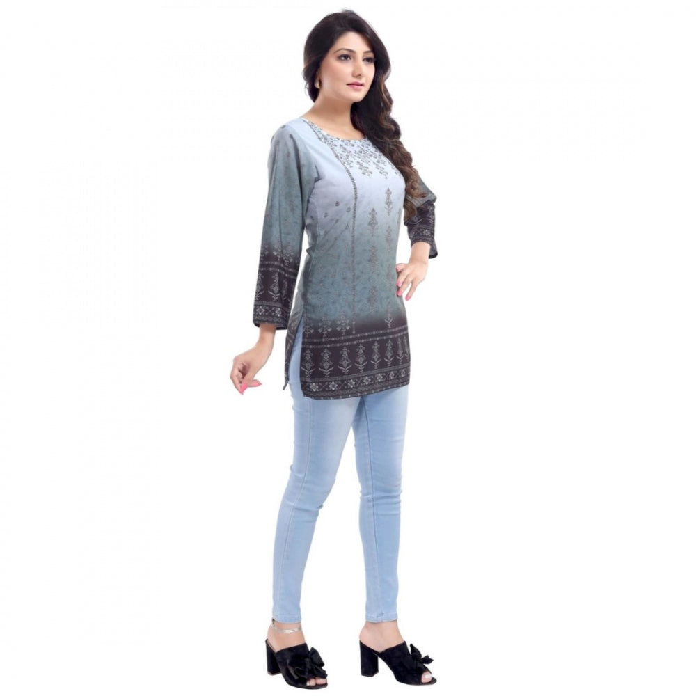 Quarter Sleeve Faux Crepe Printed Short Kurti Tunic Top (Color:Grey)