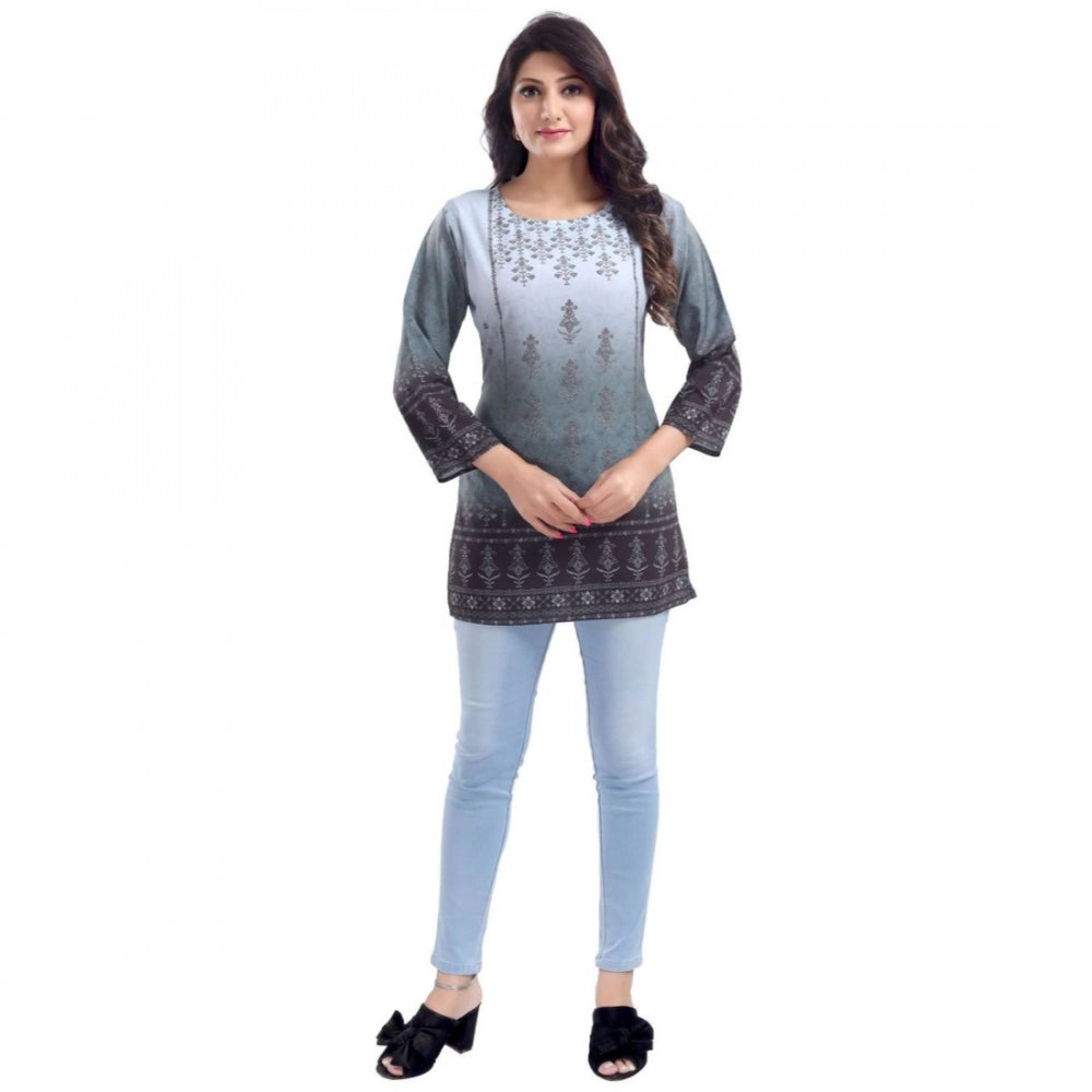 Quarter Sleeve Faux Crepe Printed Short Kurti Tunic Top (Color:Grey)